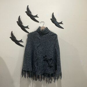 Buffalo David Bitton Wool Blend Embroidered Black Knit Poncho Cape Fringe - S